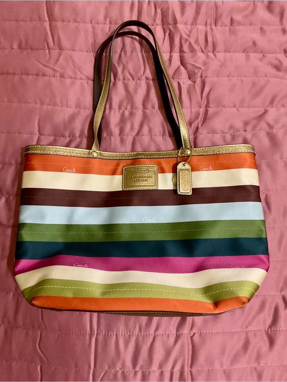 Coach Striped Multicolor Tote with Gold Trim